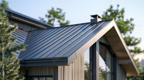 Close up of grey metal roof on modern house 3D render