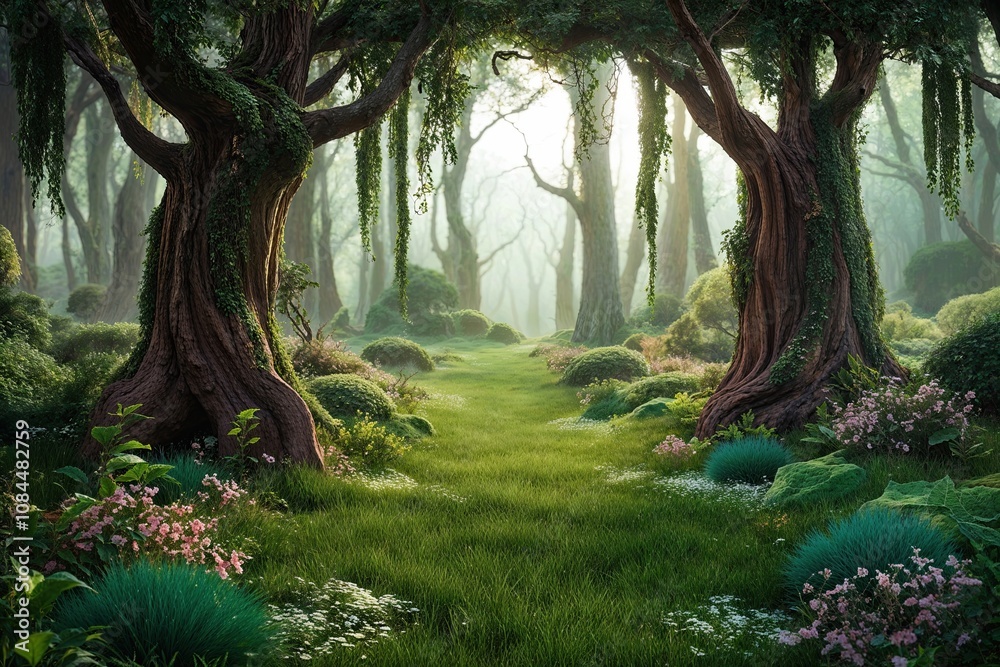 Naklejka premium 3D Fantasy Forest Background with Magical Trees and Lush Green Foliage