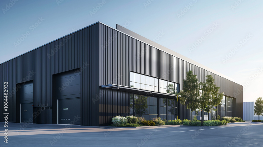 Obraz premium Black fluted alucobond cladding on the side of an industrial building