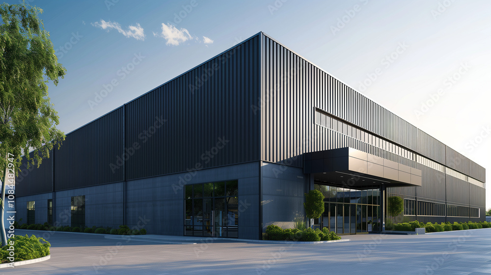 Black fluted alucobond cladding on the side of an industrial building Black fluted alucobond cladding on the side of an industrial building