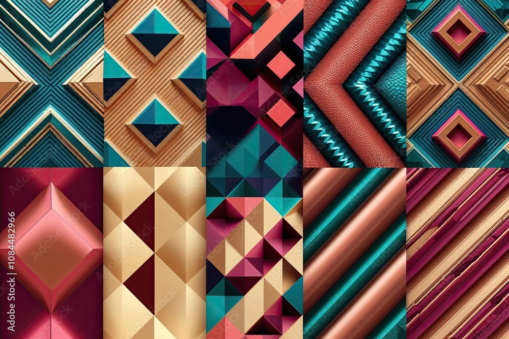 Obraz premium Colorful 3D Geometric Patterns Featuring Trendy Motifs and Lively Textures