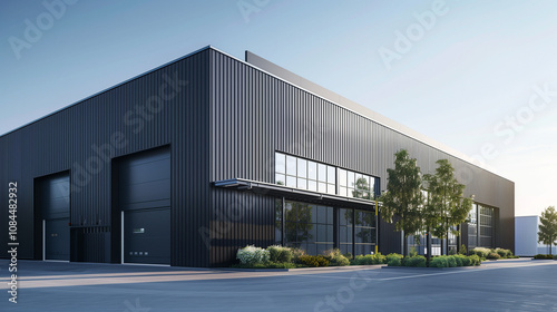 Black fluted alucobond cladding on the side of an industrial building photo