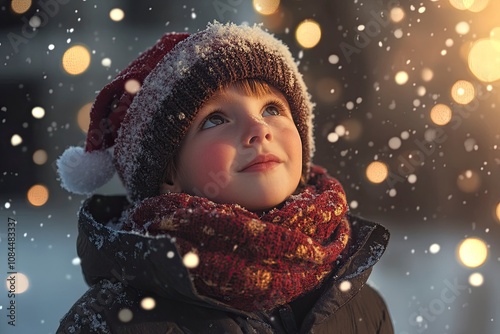 niÃ±o con gorro de Sant Claus, estÃ¡ nevando, fondo de aveto decorado con mini lucecitas de navidad, realistic, photo-realistic, hyperrealism, 8k, generative ai photo