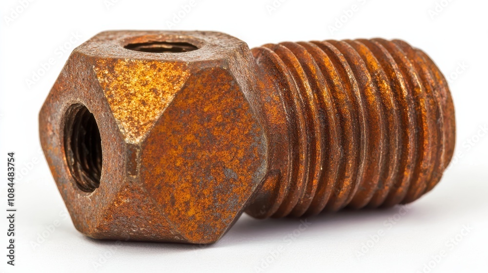 Close-up of a rusty, aged metal fitting. The hexagonal shape and threaded end are clearly visible, showing signs of significant wear and corrosion. Close-up of a rusty, aged metal fitting. The hexagonal shape and threaded end are clearly visible, showing signs of significant wear and corrosion.