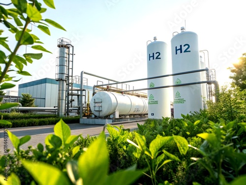 Wallpaper Mural Minimalist Photography of a Sustainable Hydrogen Production Facility with H2 Tanks, Gas Pipelines, and Lush Greenery Under a Clear Sky for Eco-Friendly Energy Concepts Torontodigital.ca
