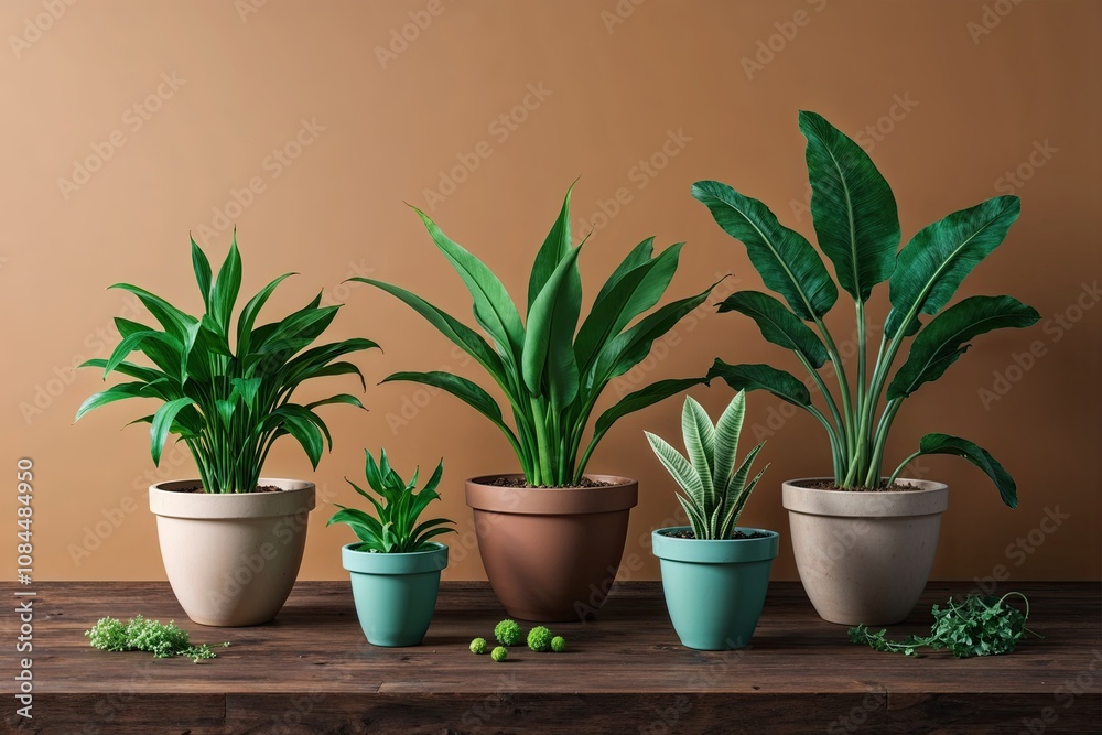 Stunning Eco-Friendly Potted Plants on Earth-Toned Background Featuring 3D Green Flora Display Stunning Eco-Friendly Potted Plants on Earth-Toned Background Featuring 3D Green Flora Display