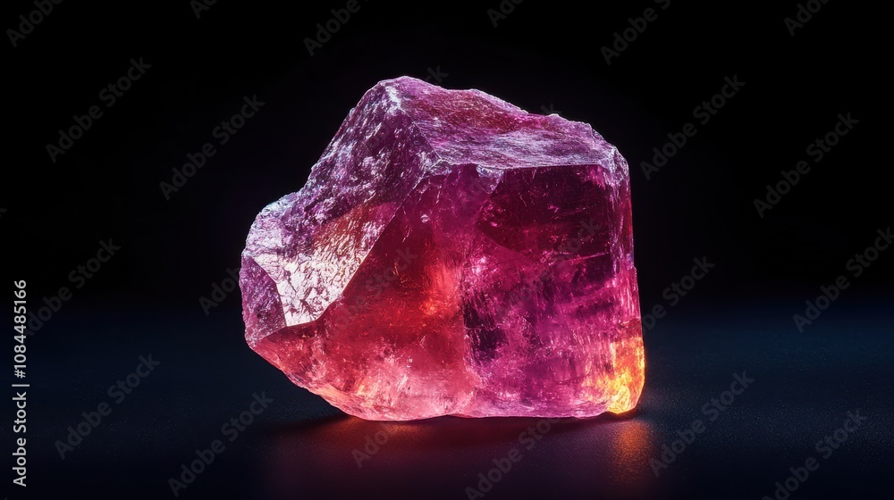 A mesmerizing pink crystal, illuminated against a stark black background. Its intricate facets and vibrant hues create a captivating image, showcasing the beauty of nature's artistry. A mesmerizing pink crystal, illuminated against a stark black background. Its intricate facets and vibrant hues create a captivating image, showcasing the beauty of nature's artistry.