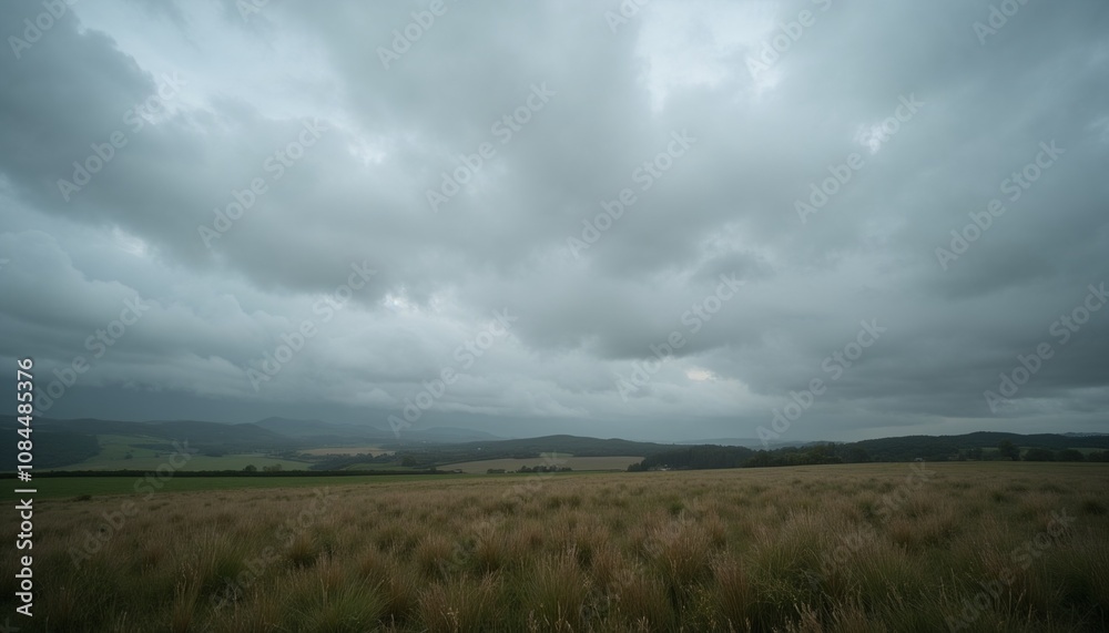 Expansive field under an overcast sky, showcasing the muted colors of a cloudy day Expansive field under an overcast sky, showcasing the muted colors of a cloudy day