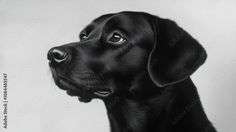 Fototapeta premium Close-up of a majestic black Labrador Retriever, its dark fur gleaming against a light gray background. The dog's expressive eyes and noble pose capture its serene yet watchful nature.