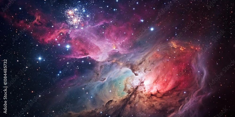 Naklejka premium Close-up of a stunning nebula in deep outer space with vibrant colors, cosmic, interstellar medium, nebula, planetary, galaxy view