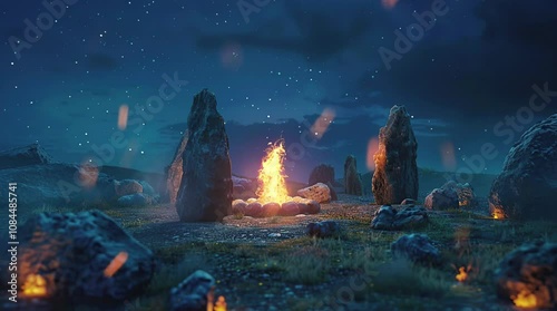 Bonfire glowing in magical forest at night with mystical atmosphere
Seamless looping 4k time-lapse virtual video animation Generated AI