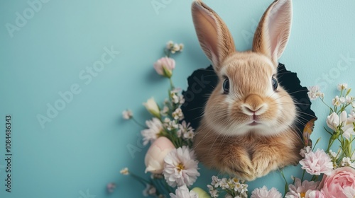 Cute easter bunny pops out of a hole in a pale blue backdrop, encircled by a vibrant mix of spring blossoms, forming a joyful and celebratory setting