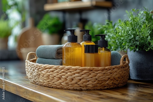 Amber bottles of liquid soap or shampoo sit in a wicker basket with soft folded towels, creating a tranquil spa-like atmosphere in a modern bathroom setting