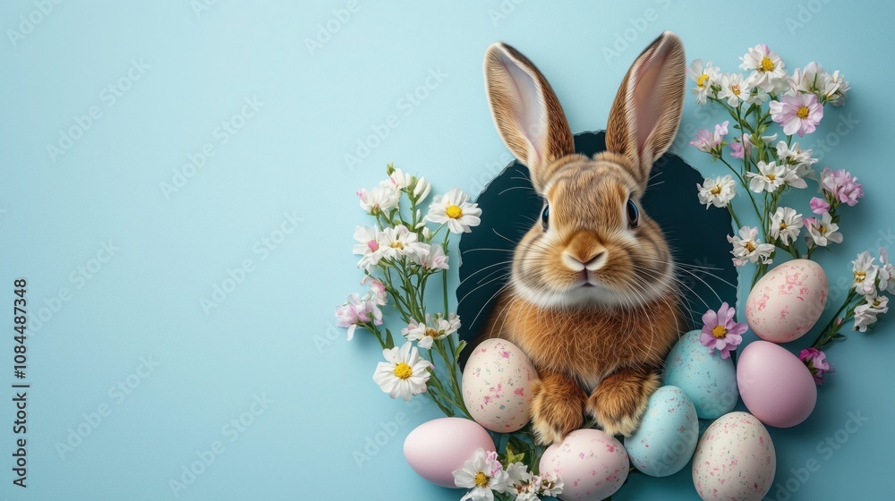Obraz premium Adorable easter bunny peeks out of a light blue paper hole, surrounded by pastel easter eggs and delicate spring flowers, creating a charming easter card design