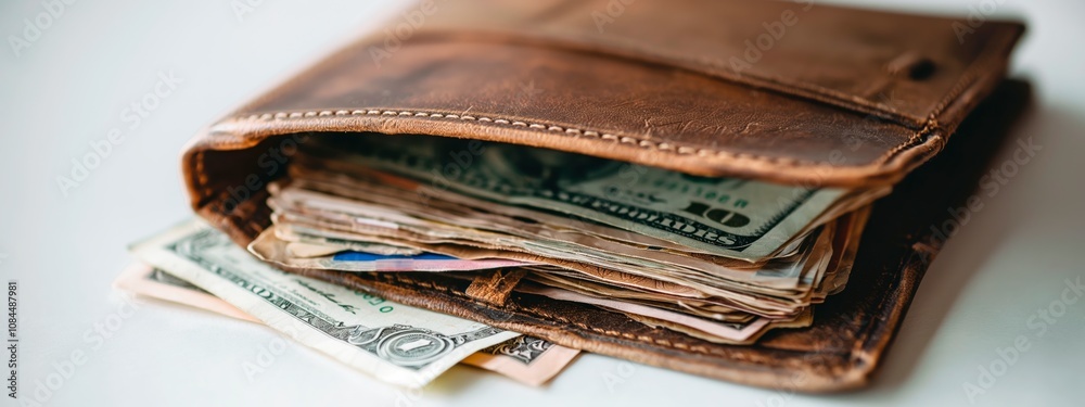 A close-up view of an open wallet filled with cash on a light surface during daylight hours