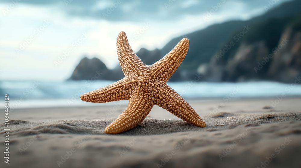 Brown starfish on sandy beach with blurred ocean waves and rocky cliffs in the background under cloudy sky Brown starfish on sandy beach with blurred ocean waves and rocky cliffs in the background under cloudy sky
