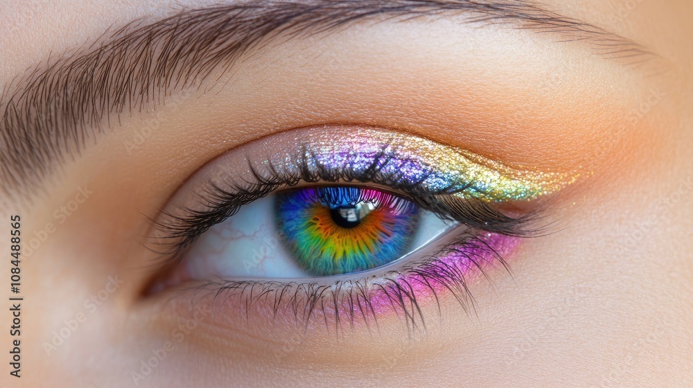 Obraz premium Vibrant Rainbow Eye Makeup with Colorful Glowing Contact Lens