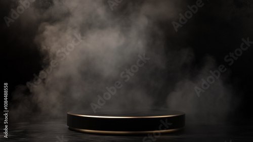 Wallpaper Mural Black round platform surrounded by dark swirling smoke in a shadowy setting perfect for mysterious product displays or dramatic visuals Torontodigital.ca