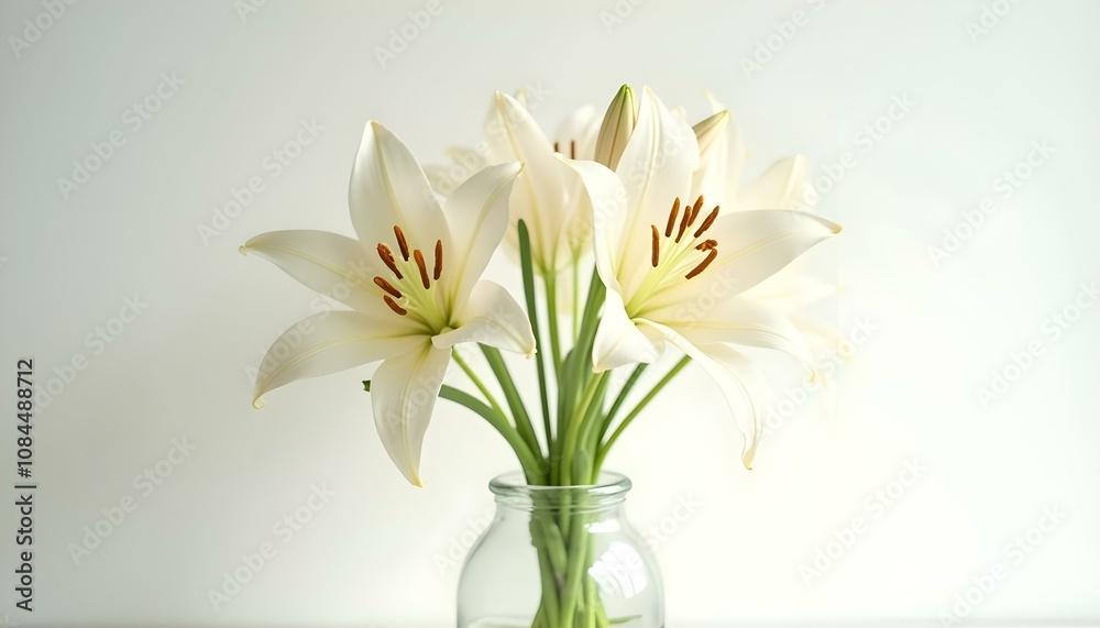 a transparent vase containing wilted white lilies and green stems, placed on a soft white background create with ai a transparent vase containing wilted white lilies and green stems, placed on a soft white background create with ai