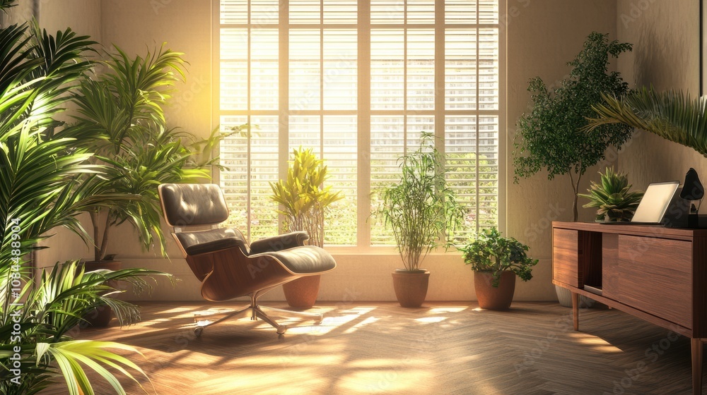 Cozy indoor seating area with plants and sunlight in a bright room Cozy indoor seating area with plants and sunlight in a bright room