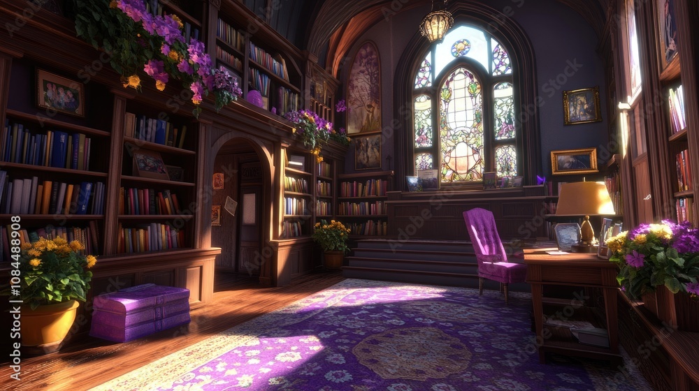 Obraz premium Sunlit Enchanted Library with Stained Glass and Elegant Purple Accents