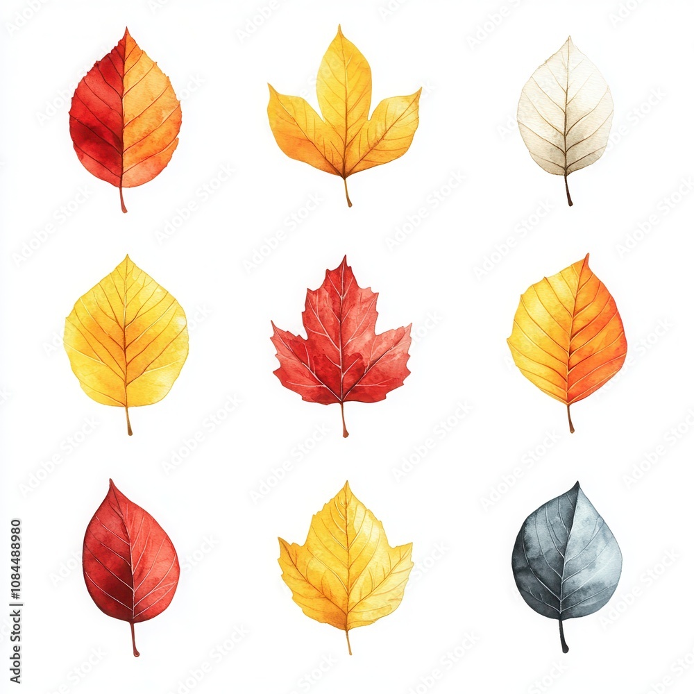 Obraz premium Charming autumn watercolor clip art set featuring 10 vibrant leaves in yellow and red showcasing nature's seasonal beauty