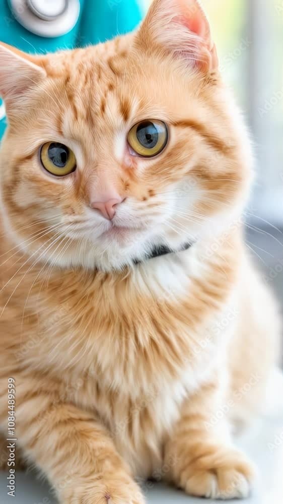 An orange tabby cat with expressive eyes sits in a veterinary clinic, intrigued by its surroundings. Vertical video An orange tabby cat with expressive eyes sits in a veterinary clinic, intrigued by its surroundings. Vertical video