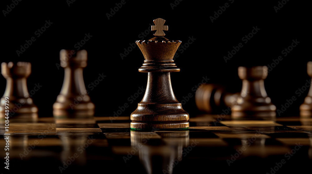 Wooden chess king on board with blurred pieces in background Wooden chess king on board with blurred pieces in background