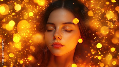 Serenity and Glow: Peaceful Woman with Closed Eyes Surrounded by Golden Lights