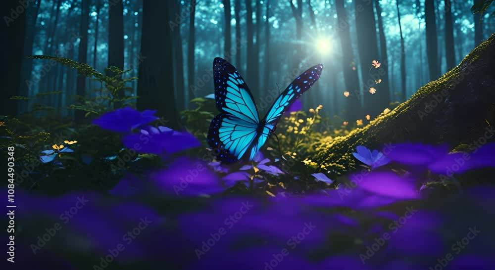Beautiful glowing neon blue butterfly and flowers in the dark forest High quality footage 4K