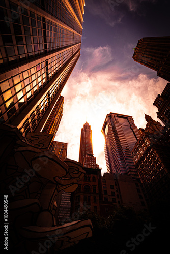 Dramatic low-angle view of towering skyscrapers reflecting warm sunset hues, framed by vibrant clouds and intricate architectural details in a bustling cityscape