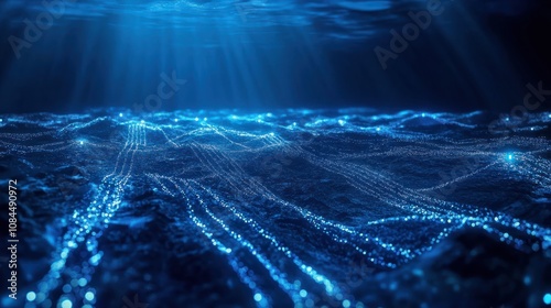 Bioluminescent ocean. underwater network of light beams link subsea data stations for communication photo