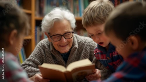 An elderly person shares stories with children at a cozy library, fostering a love for reading and storytelling