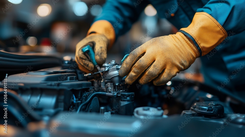 Mechanic repairing car engine. Mechanic repairing car engine.