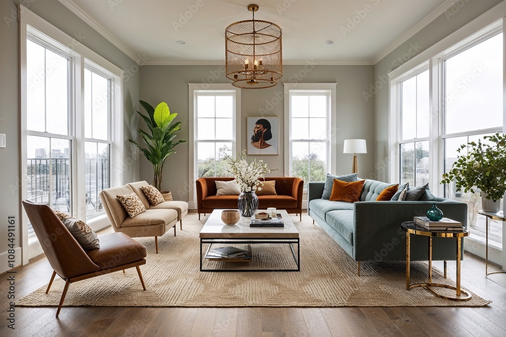 Fototapeta premium Contemporary Living Room Decor Ideas with Bright Natural Light and Stylish Furniture