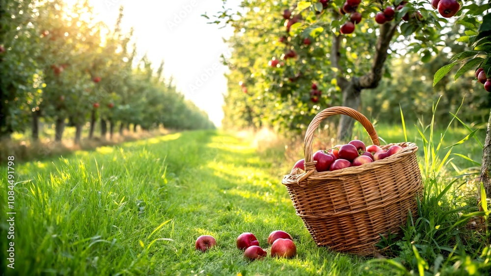 Panoramic View of Ripe Red Apples in a Wicker Basket Nestled on Lush Green Grass in a Serene Orchard Setting Panoramic View of Ripe Red Apples in a Wicker Basket Nestled on Lush Green Grass in a Serene Orchard Setting