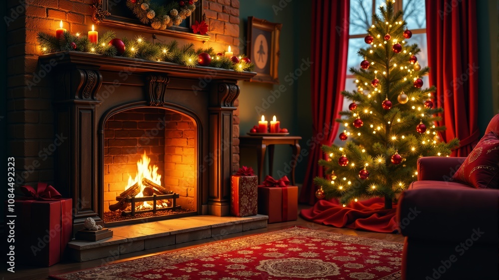 A cozy holiday living room featuring a warm fireplace and a beautifully decorated Christmas tree A cozy holiday living room featuring a warm fireplace and a beautifully decorated Christmas tree