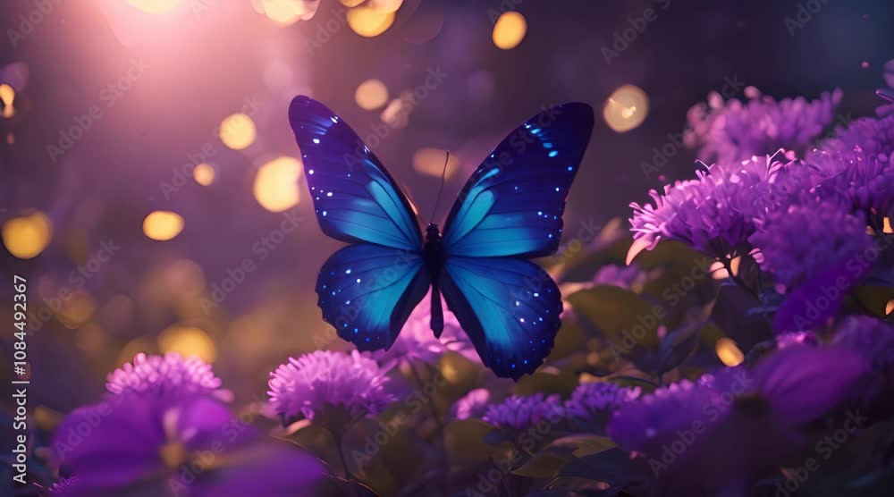 Beautiful glowing neon blue butterfly and flowers in the dark forest High quality footage 4K