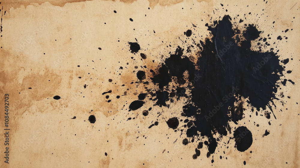 Ancient parchment texture with burned edges and ink blots, medieval manuscript style, abstract black ink splatter on aged parchment background