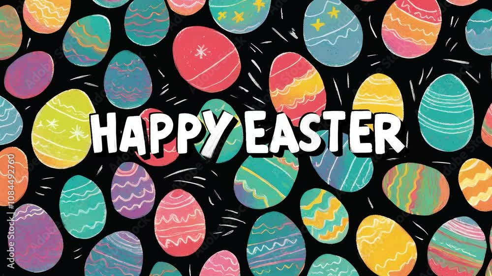 Holiday animated background for Easter on which is written the greeting “Happy Easter”, with colorful painted eggs