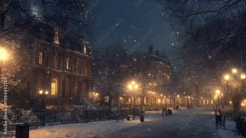 A magical winter evening with falling snow, bright street lamps in a peaceful urban park setting A magical winter evening with falling snow, bright street lamps in a peaceful urban park setting