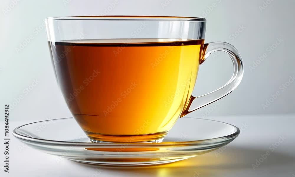 A clear glass cup filled with amber tea, resting on a transparent saucer against a light background. A clear glass cup filled with amber tea, resting on a transparent saucer against a light background.
