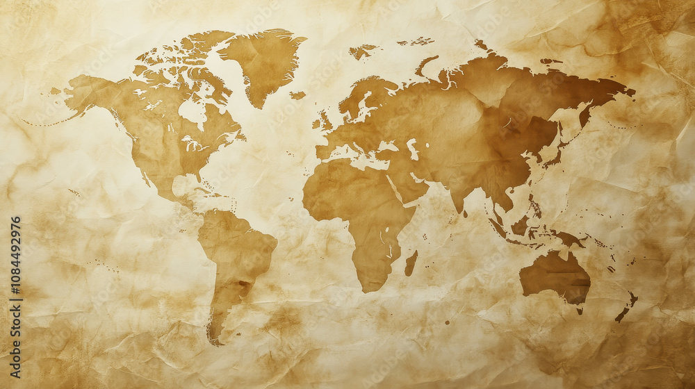 Fototapeta premium Antique paper map texture with coffee stains and torn corners, faded ink marks