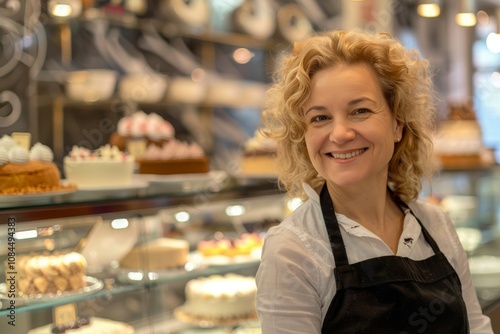 Smiling blond curly woman in an apron is standing in a pastry shop in front of a cake display