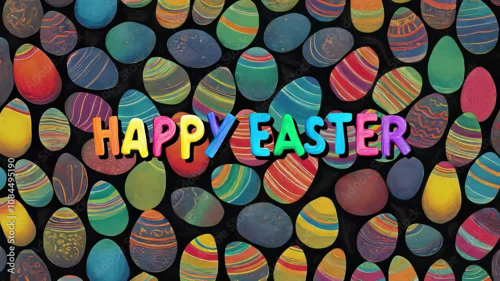 Holiday animated background for Easter on which is written the greeting “Happy Easter”, with colorful painted eggs Holiday animated background for Easter on which is written the greeting “Happy Easter”, with colorful painted eggs