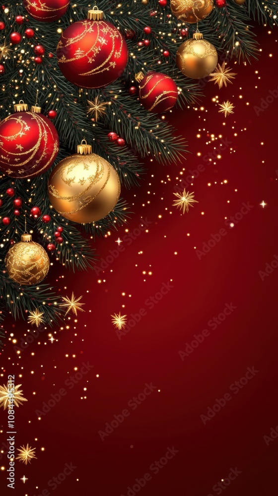 Festive red and gold ornaments hanging on a lush green Christmas tree branch, with a sparkling red background symbolizing holiday cheer. Festive red and gold ornaments hanging on a lush green Christmas tree branch, with a sparkling red background symbolizing holiday cheer.