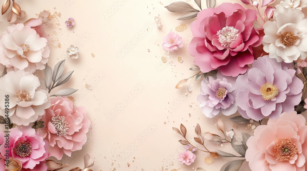Detailed pastel floral arrangement with delicate pink, purple, and white flowers in an elegant layout, ideal for romantic, feminine, or celebratory themes. Detailed pastel floral arrangement with delicate pink, purple, and white flowers in an elegant layout, ideal for romantic, feminine, or celebratory themes.