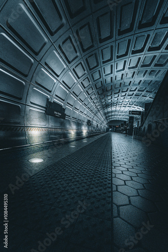 Futuristic underground metro station with geometric vaulted ceilings and dramatic lighting, creating a sleek and moody atmosphere.