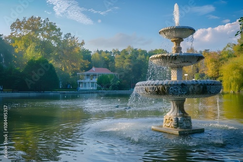 Tranquil scene of the fountain surrounded by the beauty of Zheleznovodsk's resort lake, set against the backdrop of Stavropol Territory, Russia, in September. --ar 32 --v 6.0 - Image #4 @liaqat photo