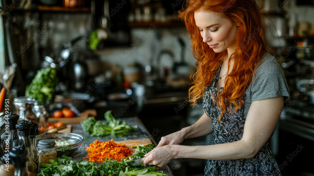 While enjoying the warm sunlight in the afternoon, a woman with red hair skillfully chops fresh vegetables in a homey kitchen